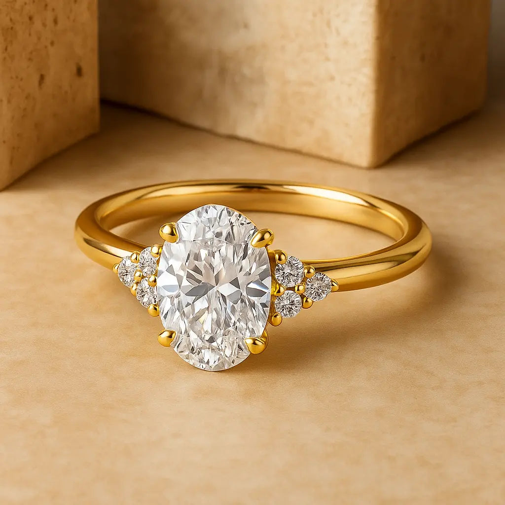 Gold ring with a large diamond and smaller stones on a beige background