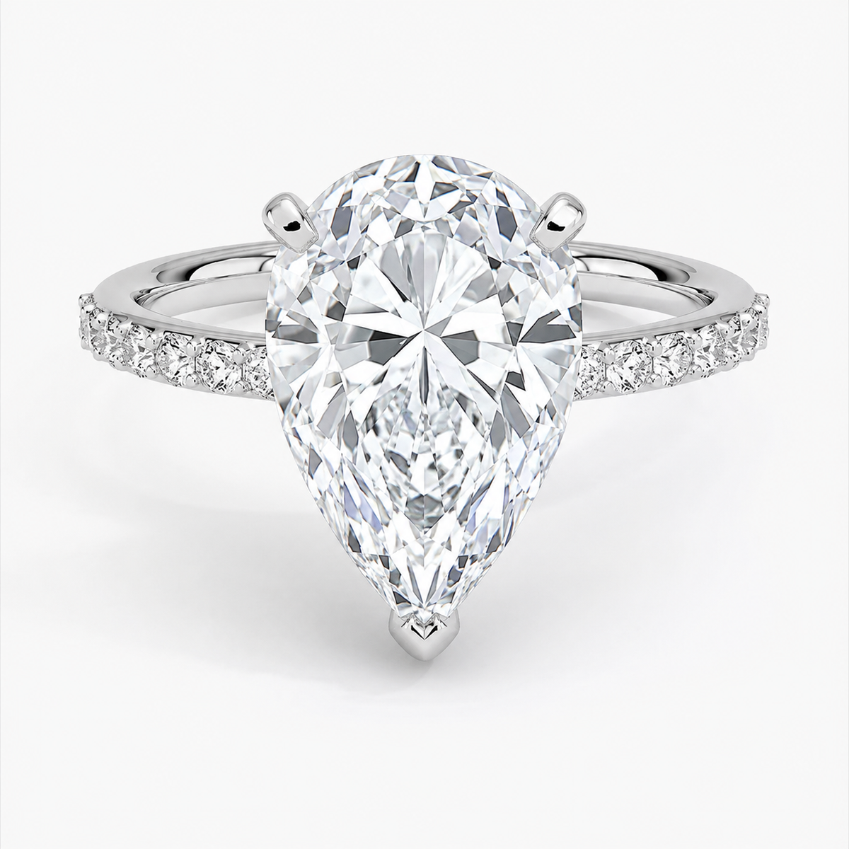 10.00 carat diamond ring with pear-shaped center stone on a white background