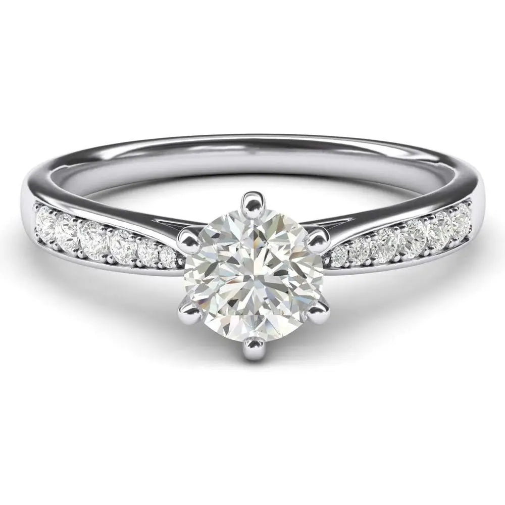 10k white gold 1.0 CT Classic 6 - Prong Simulated Diamond or Genuine Lab Grown Diamond Engagement Ring Graduated Side Stones Promise Bridal Ring - Future Jewelry