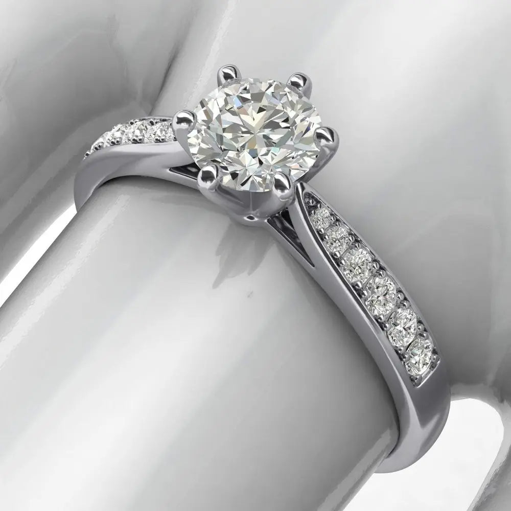 10k white gold 1.0 CT Classic 6 - Prong Simulated Diamond or Genuine Lab Grown Diamond Engagement Ring Graduated Side Stones Promise Bridal Ring - Future Jewelry