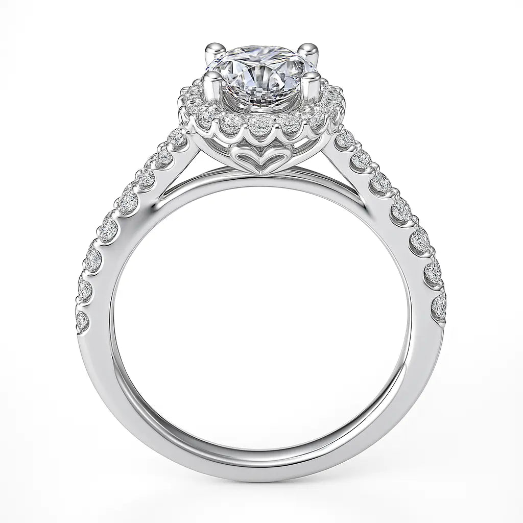 Silver ring with diamond accents on a white background