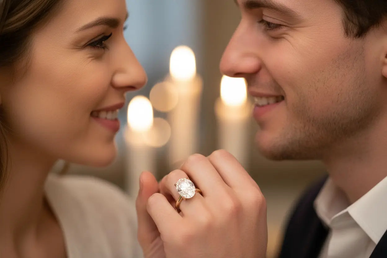 2.70 Ct Oval Diamond Engagement Ring 14K Yellow Gold she is wearing the ring by he is smiling at her and she is smiling looking at him