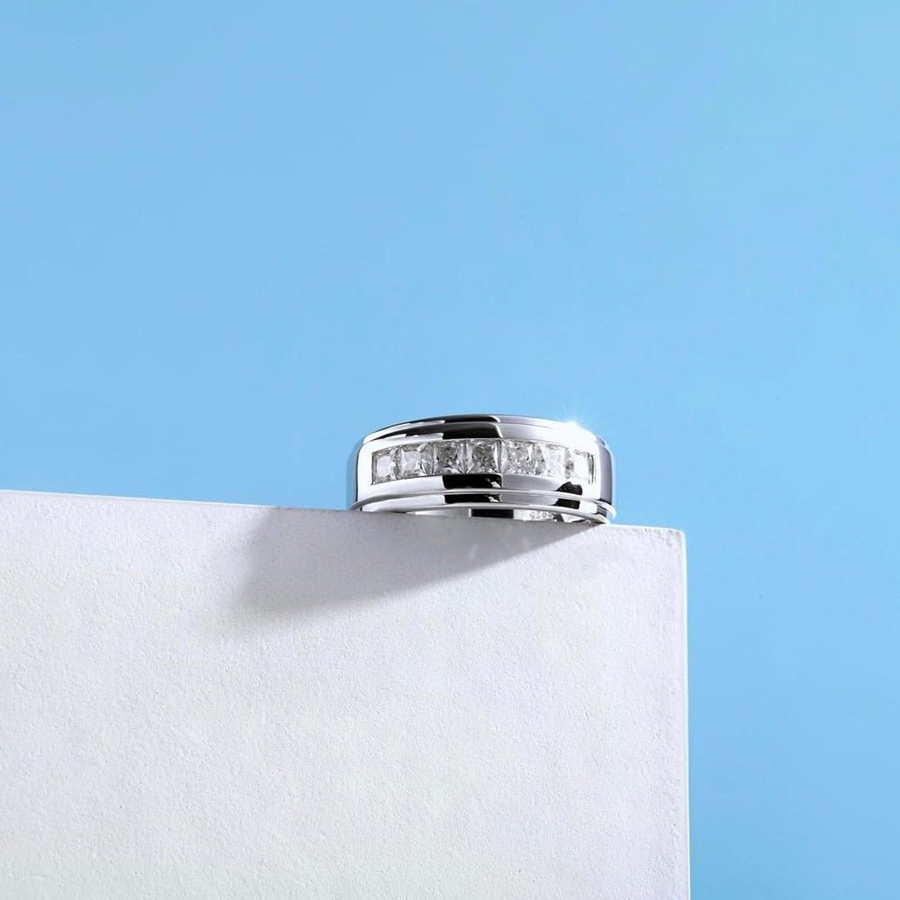2.1 Carats 7 Stone Princess Cut Lab Grown Diamond Rings for Men Women Lab Grown Diamond Eternity Wedding Band Ring D Color VVS1 Lab Grown Diamond Channel Set, Sterling Silver with 18K White Gold Men Lab Grown Diamond Ring - Future Jewelry