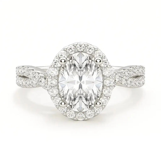 Diamond ring with a halo on a white background