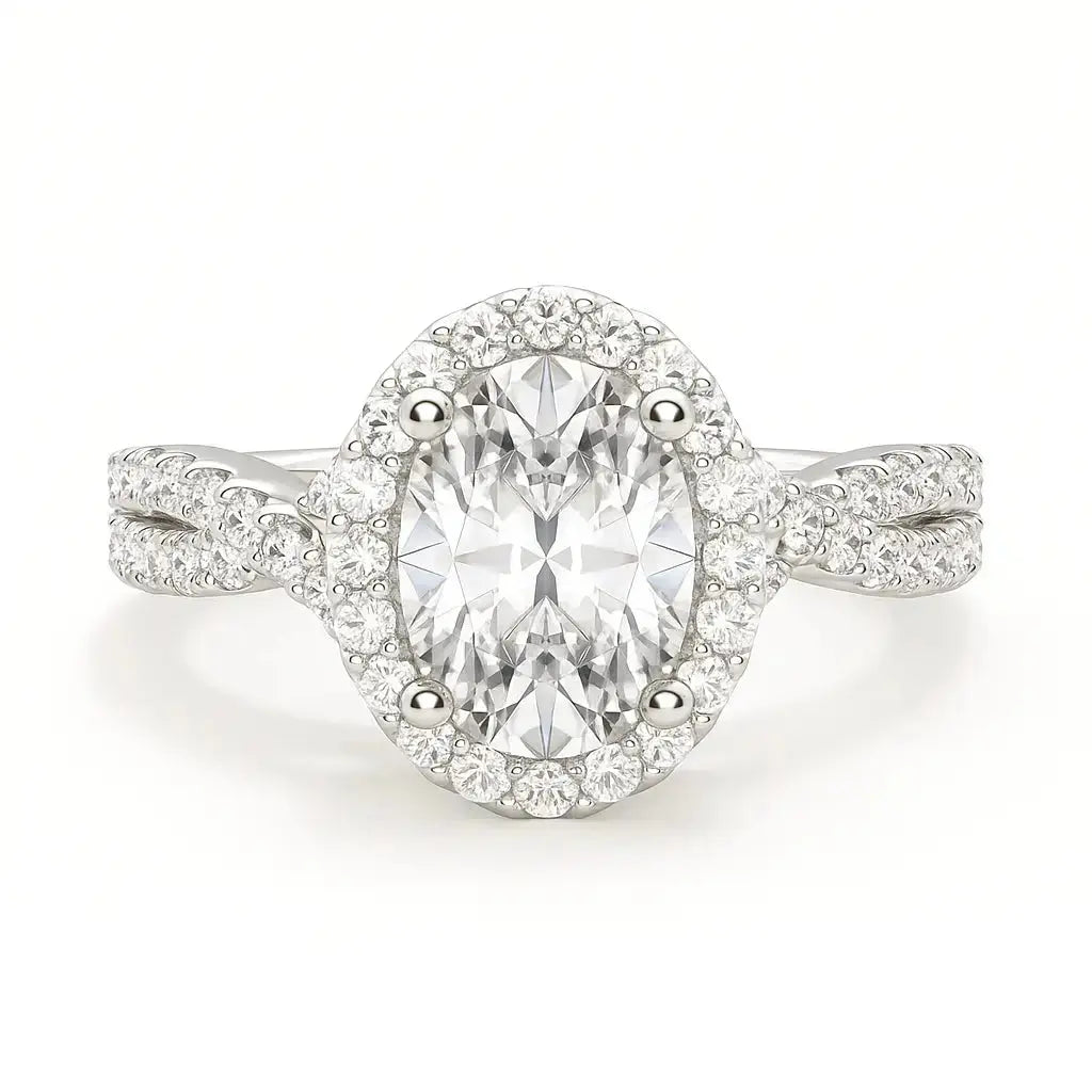 Diamond ring with a halo on a white background
