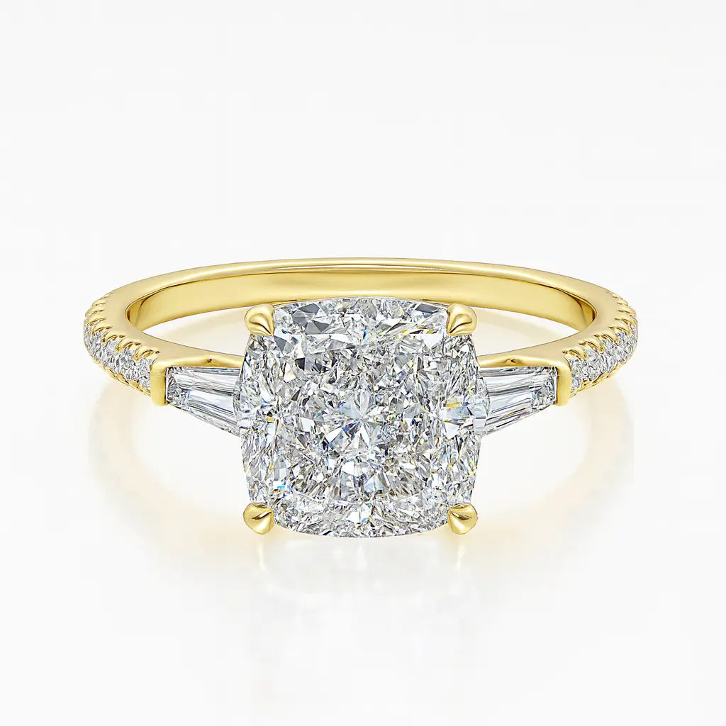 Gold ring with a diamond center stone on a white background