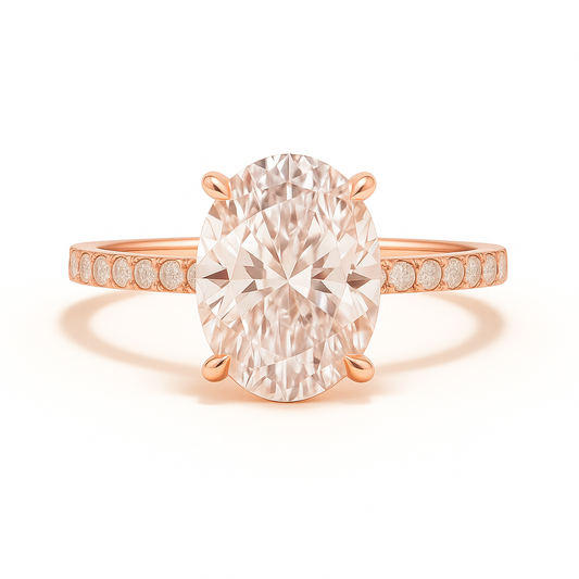 Rose gold ring with a large diamond and smaller diamonds on the band against a white background