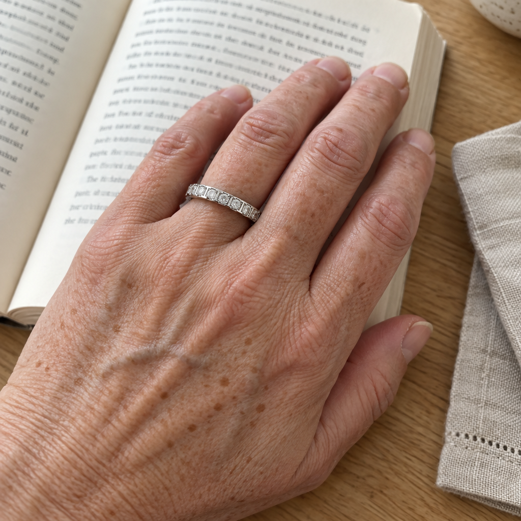 3 Carat Round Brilliant Lab Grown Diamond Eternity Wedding Band in 18K Yellow Gold worn on hand - Future Jewelry