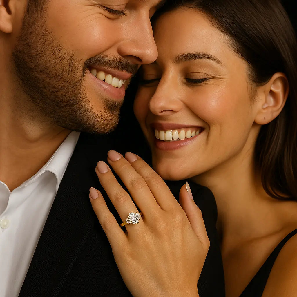 Couple smiling with a focus on the woman's hand wearing an engagement ring.
