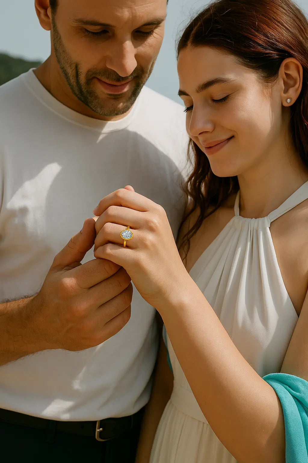 A couple holding hands and looking at the 3 Carat Oval Lab Diamond Halo Engagement Ring in 18K White Gold