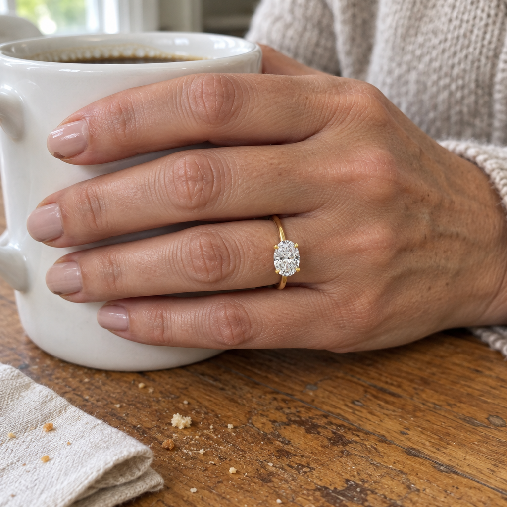 3 Carat Oval Lab Grown Diamond Ring in 14K Yellow Gold worn on hand - Future Jewelry