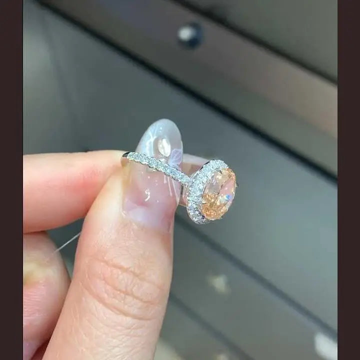 3 Carat Oval Peach Lab Grown Diamond Ring in 14K Gold worn on hand - Future Jewelry
