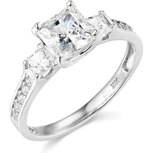 3 Carat Princess Cut Diamond Ring 14K White Gold 3 Stone in a white background angle look