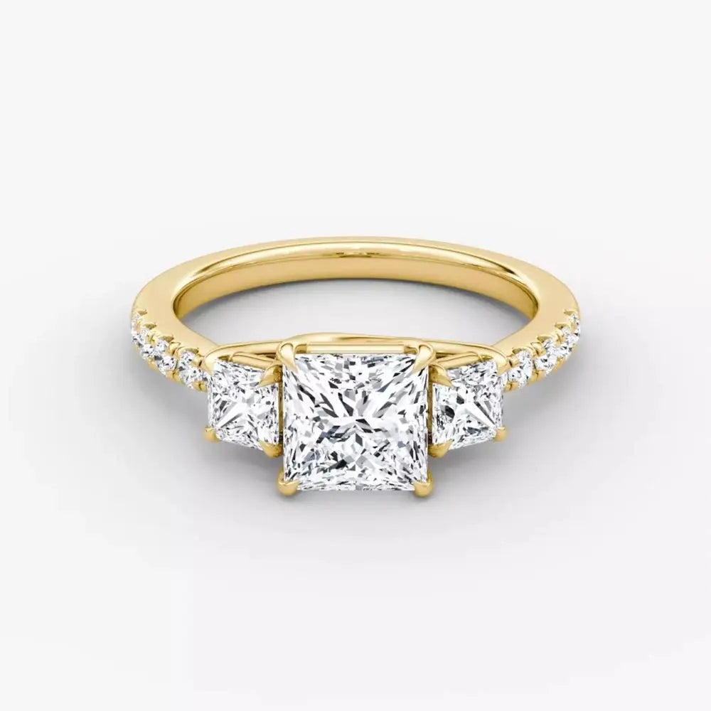 3 Carat Princess Cut Lab Grown Diamond Three Stone Engagement Ring in 14K Yellow Gold - Future Jewelry