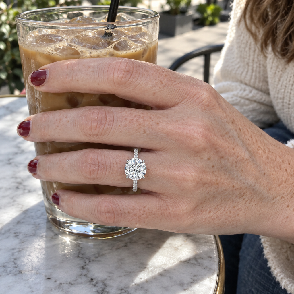 3.30 Carat Lab Grown Diamond Solitaire Engagement Ring in 14K White Gold worn on hand - Future Jewelry