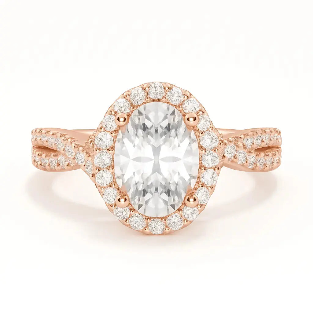 Rose gold ring with a large central diamond and smaller diamonds around on a white background