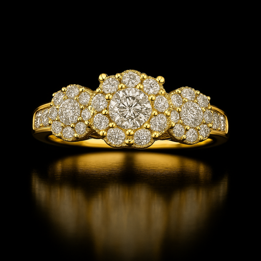 Gold ring with diamond accents on a black background