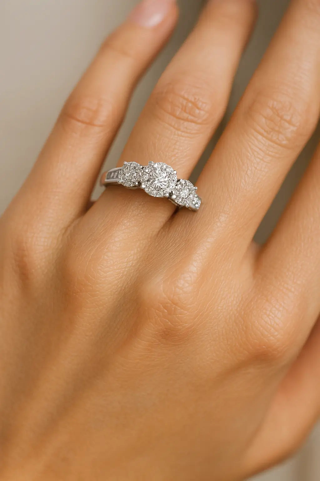 Silver ring with diamonds on a person's finger against a neutral background