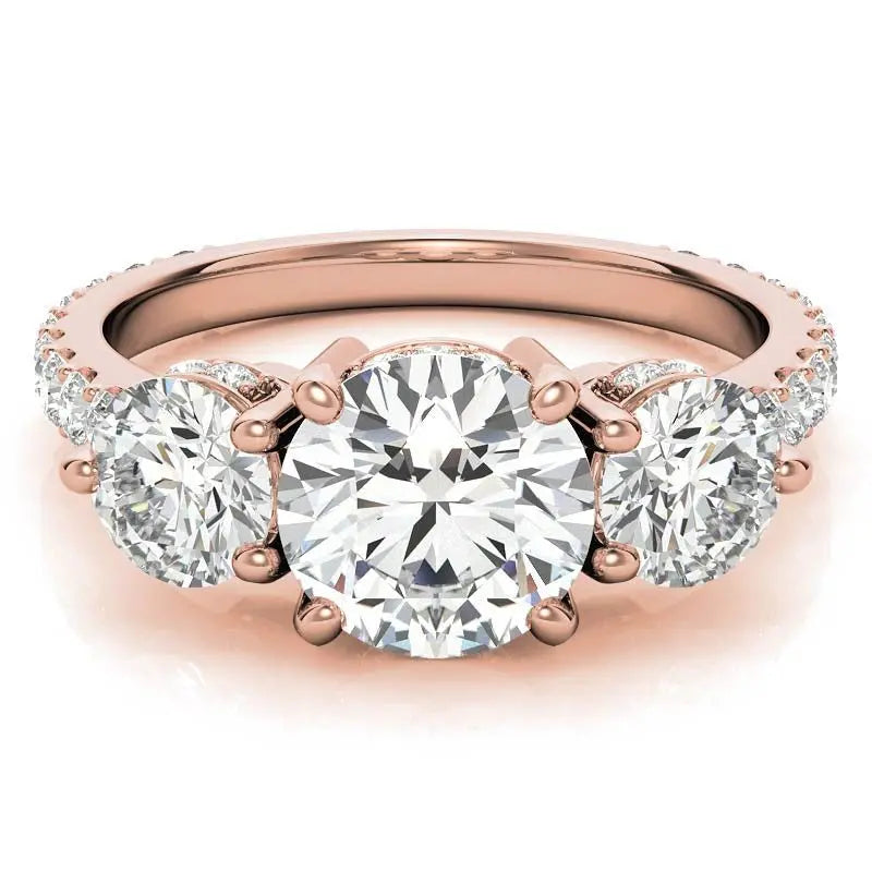 4.10 Carat Round Cut Lab Grown Diamond Three Stone Engagement Ring in 14K Yellow Gold, E VS1 Certified - Future Jewelry