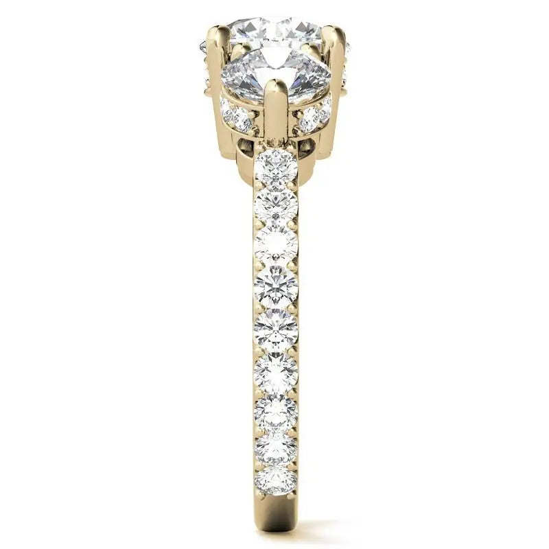 4.10 Carat Round Cut Lab Grown Diamond Three Stone Engagement Ring in 14K Yellow Gold, E VS1 Certified - Future Jewelry