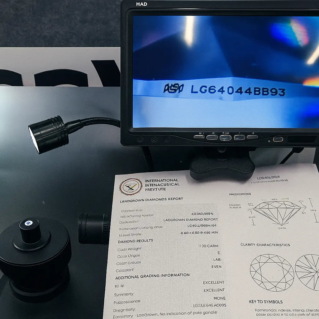 Monitor displaying a certification number with diamond grading report on a table