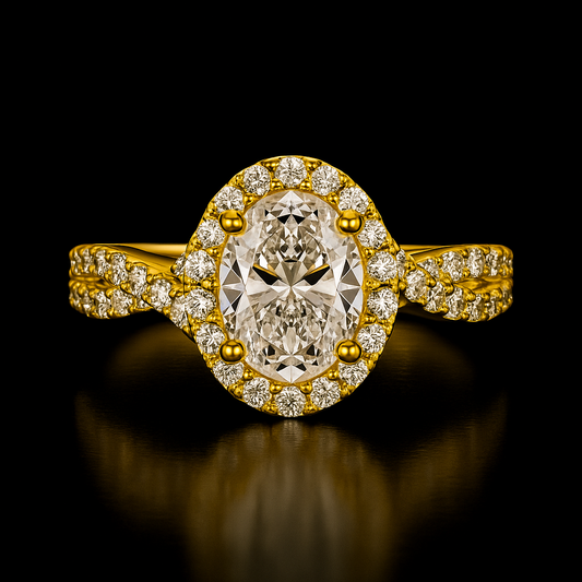 Gold ring with a large diamond and smaller diamonds on a black background