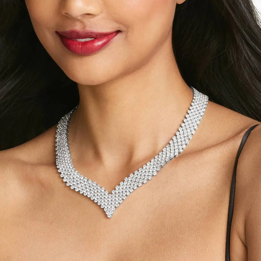 58 Carat Lab Grown Diamond Mesh V Necklace in 14K White Gold, close-up - Future Jewelry