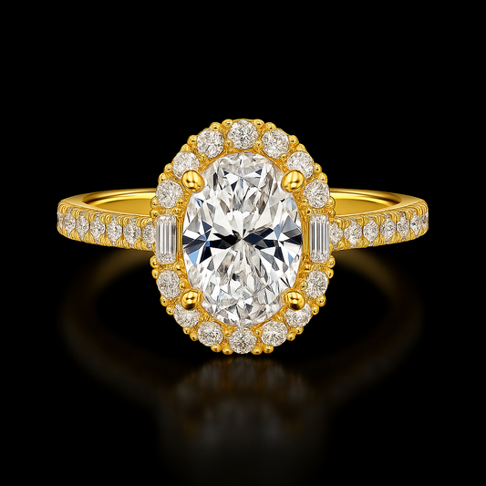 Gold ring with a large diamond and smaller diamonds on a black background