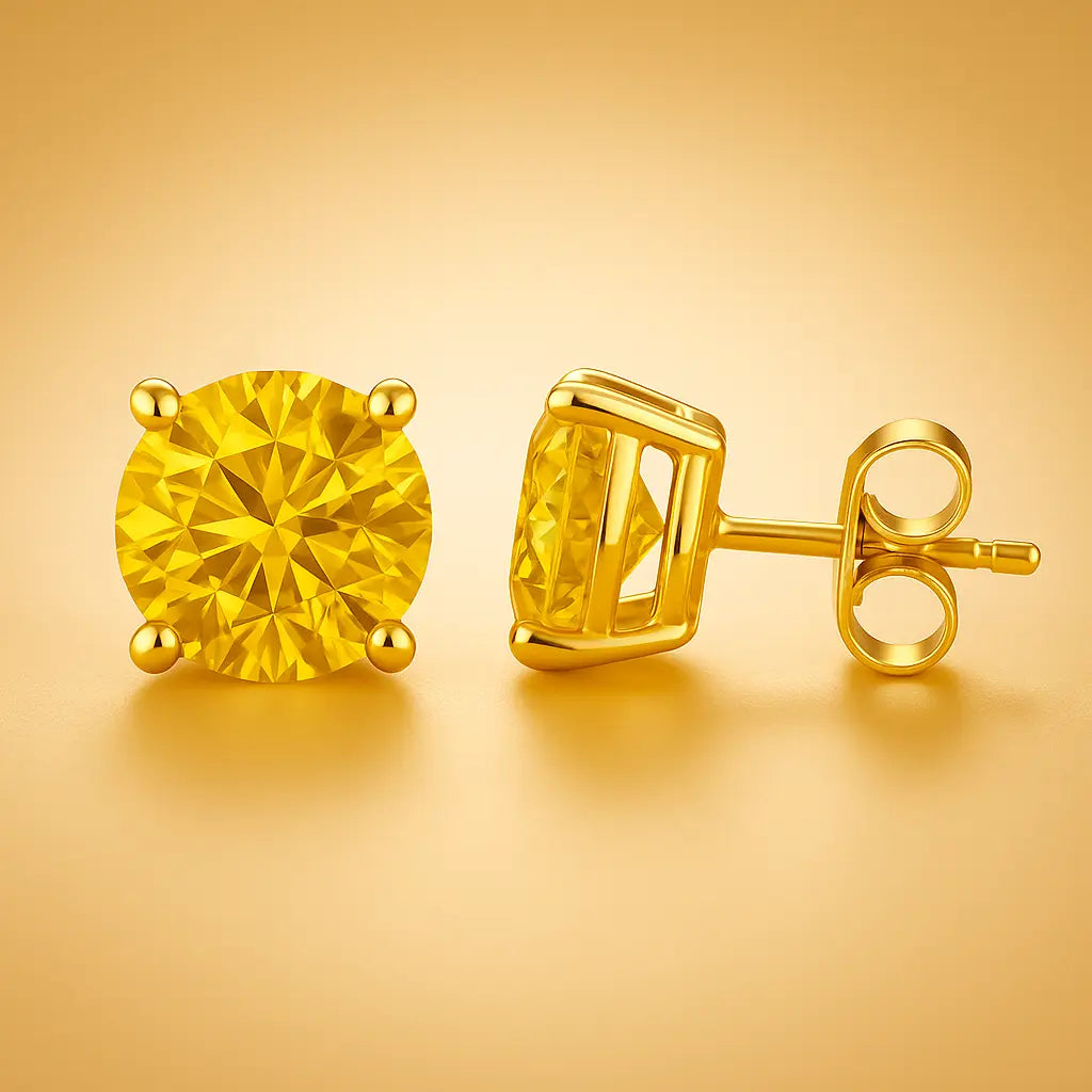 1 Carat Lab Diamond Stud Earrings in 14K Gold WIT Fancy Yellow Round Future Jewelry