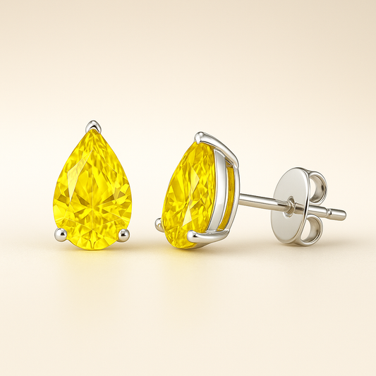 2 Carat Pear-Shaped Lab Fancy Intense Yellow Diamond Solitaire Stud Earrings