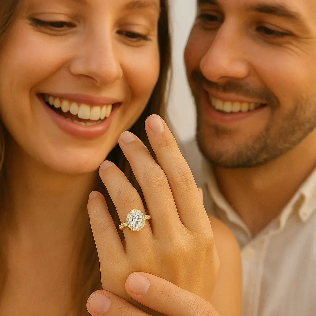 Close-up of a couple with a woman wearing an engagement ring, smiling.
