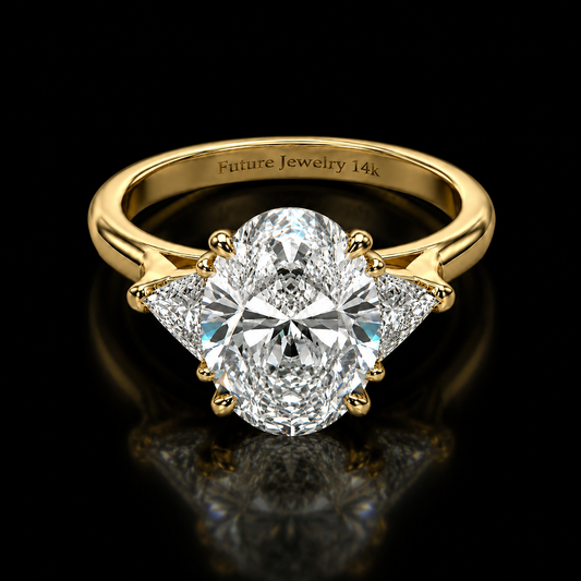 5 Carat Oval Lab Grown Diamond Engagement Ring with Trillion Side Stones | 14K Yellow Gold | IGI Certified | Future Jewelry Certified