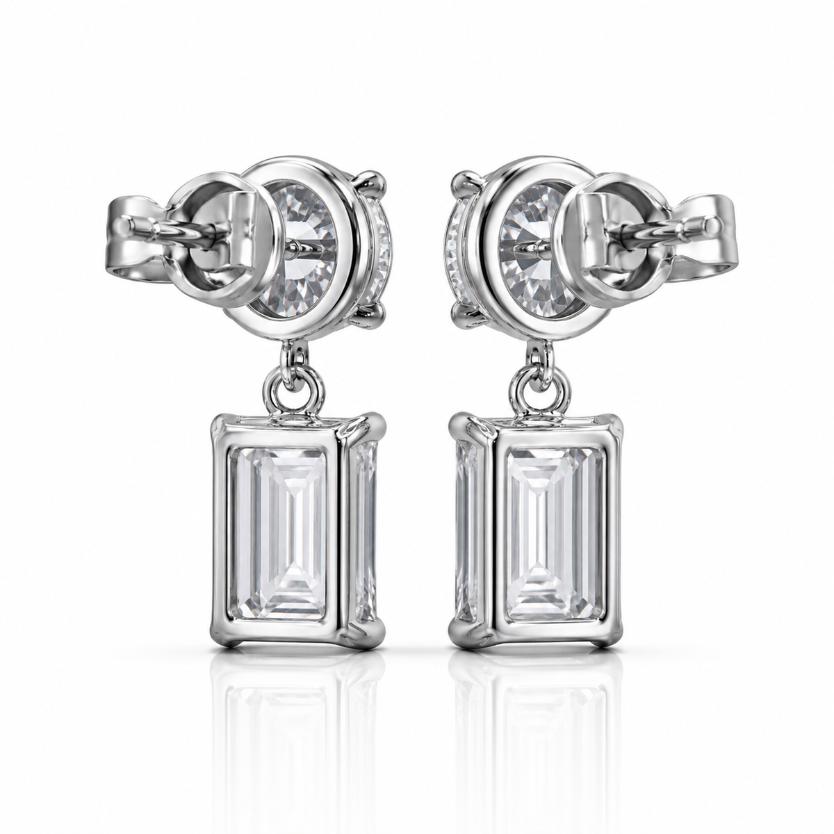 10 carat emerald cut pink lab grown diamond drop earrings in 14K white gold