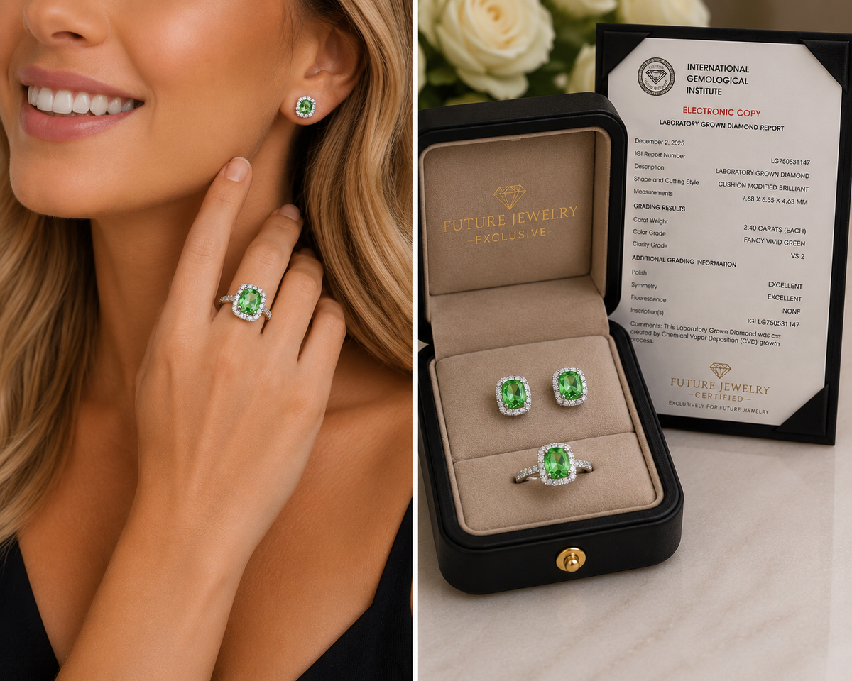 The Verde Éternelle Jewelry Set, Green Lab Diamond Ring & Earrings in 14K White Gold - 600 Only Made - Future Jewelry