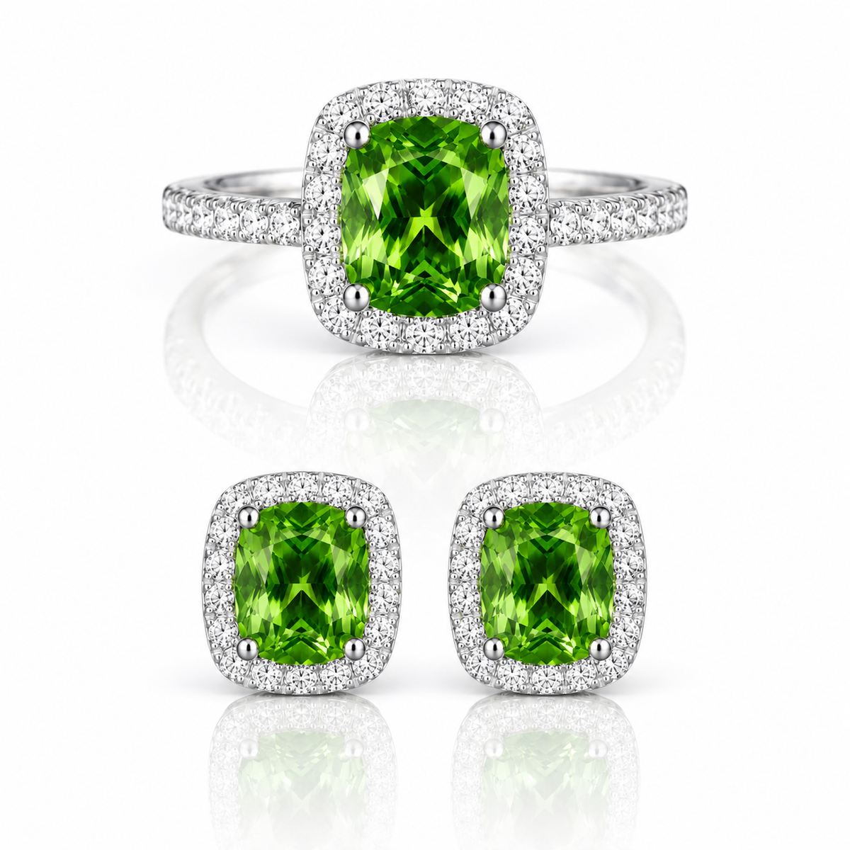 The Verde Éternelle Jewelry Set, Green Lab Diamond Ring & Earrings in 14K White Gold - 600 Only Made - Future Jewelry