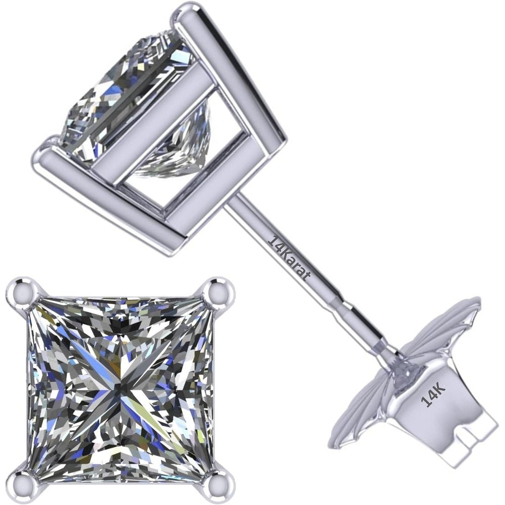 Central Diamond Center Threaded or Friction Backs Round & Princess CVD Lab - grown Diamond Stud Earrings 14K solid Gold - Future Jewelry