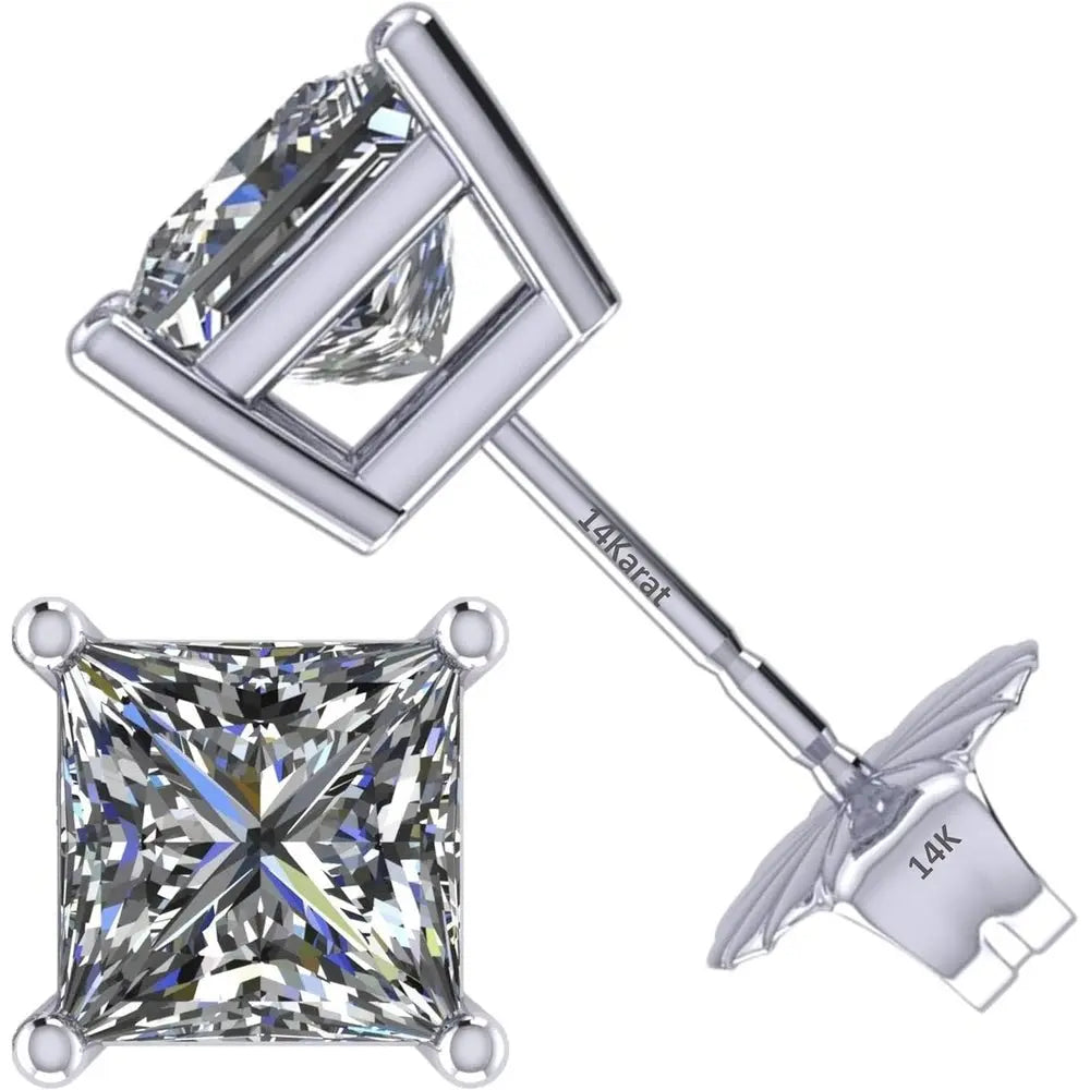 Central Diamond Center Threaded or Friction Backs Round & Princess CVD Lab - grown Diamond Stud Earrings 14K solid Gold - Future Jewelry