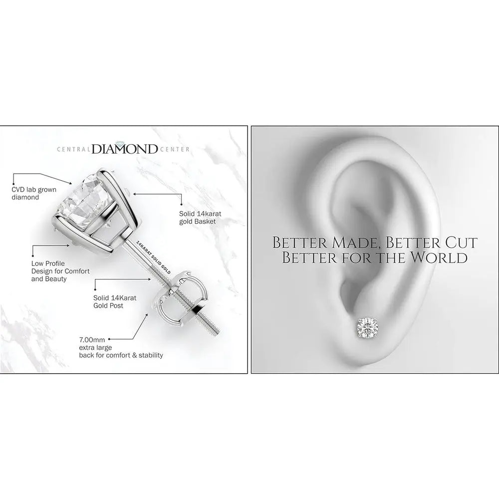 Central Diamond Center Threaded or Friction Backs Round & Princess CVD Lab - grown Diamond Stud Earrings 14K solid Gold - Future Jewelry