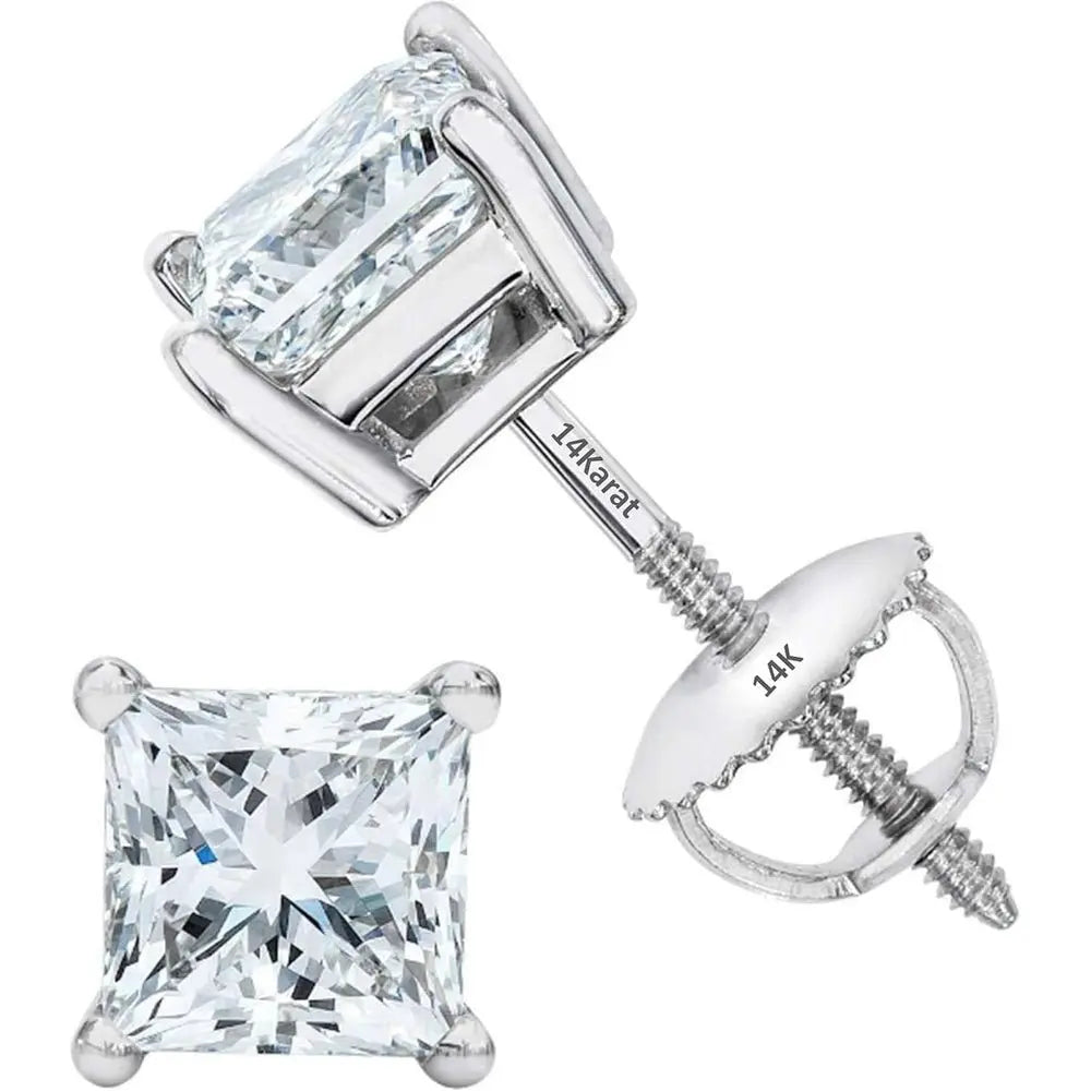 Central Diamond Center Threaded or Friction Backs Round & Princess CVD Lab - grown Diamond Stud Earrings 14K solid Gold - Future Jewelry