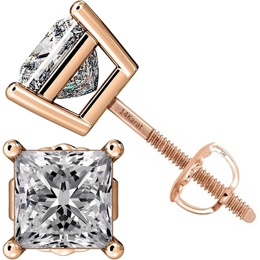 Central Diamond Center Threaded or Friction Backs Round & Princess CVD Lab - grown Diamond Stud Earrings 14K solid Gold - Future Jewelry