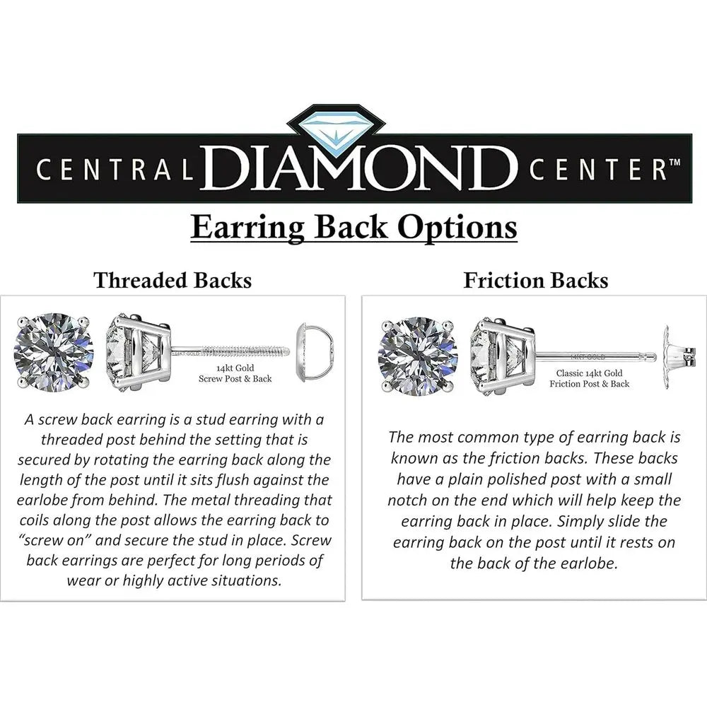 Central Diamond Center Threaded or Friction Backs Round & Princess CVD Lab - grown Diamond Stud Earrings 14K solid Gold - Future Jewelry