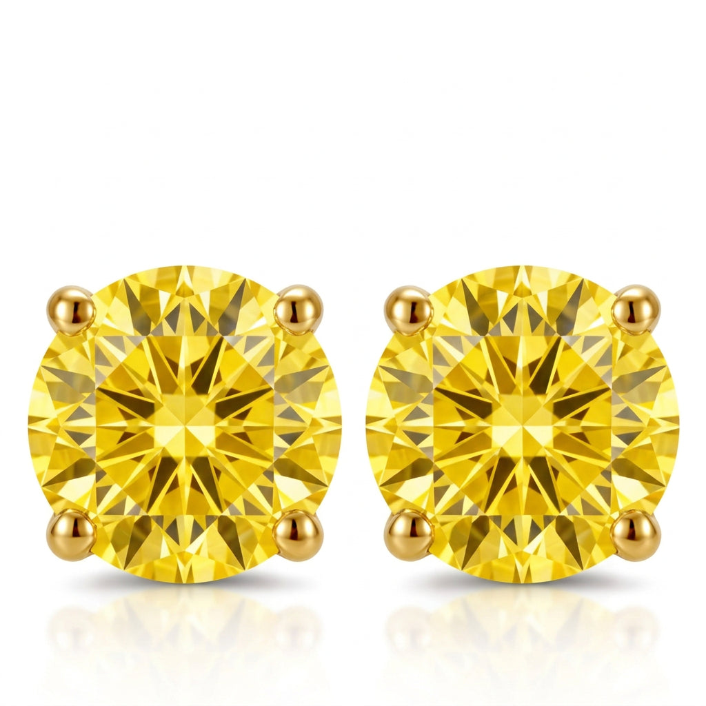 Illustrative yellow lab-grown diamond color preview in 2ct yellow gold four-prong studs