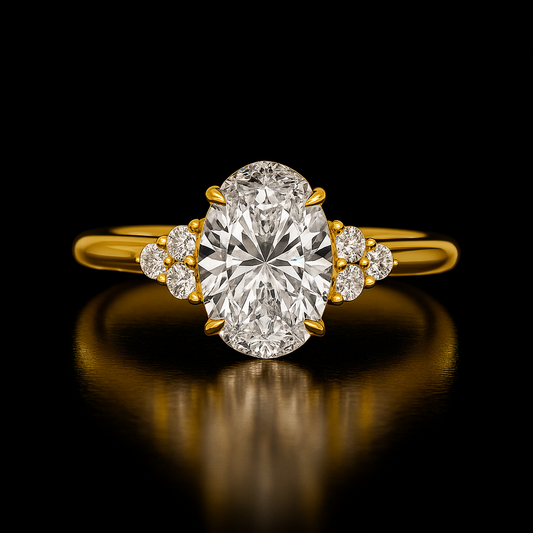 Gold ring with a large diamond and smaller diamonds on the sides against a black background