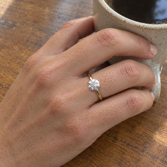 1.50 Carat Round Lab Grown Diamond Ring in 14K yellow gold worn on the hand - Future Jewelry