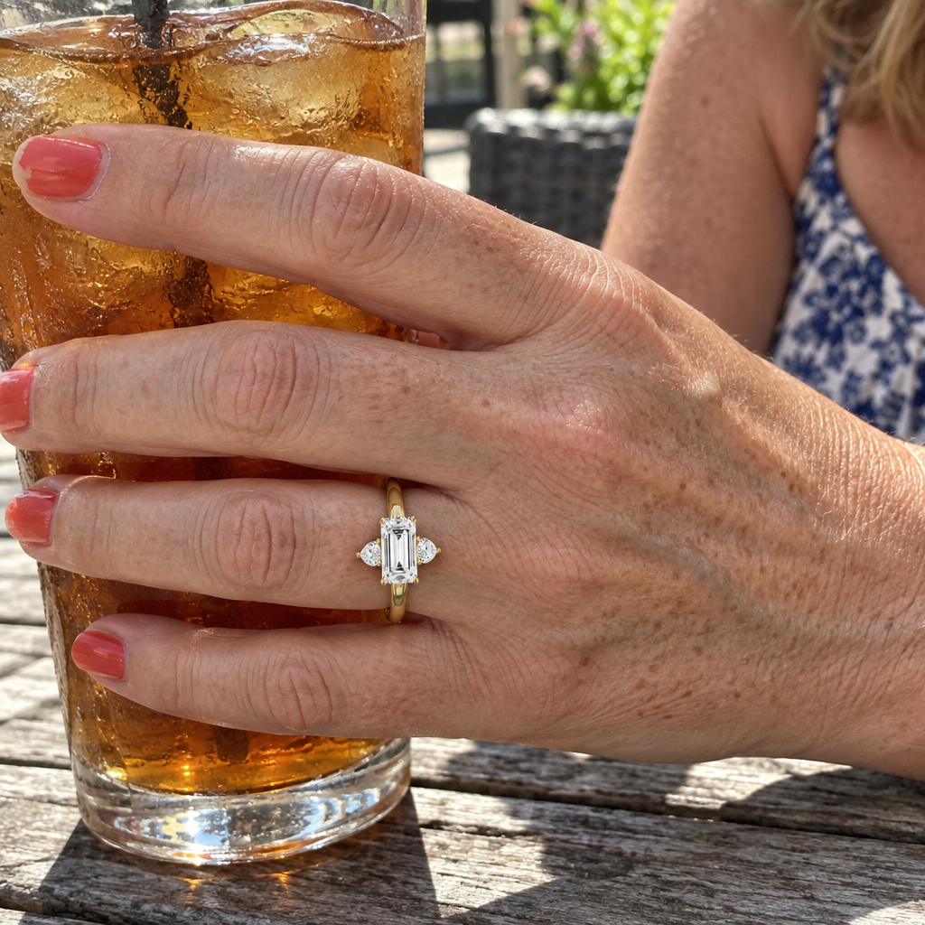 3.50 Carat Emerald Cut Lab Grown Diamond Engagement Ring in 14K Yellow Gold worn on hand - Future Jewelry
