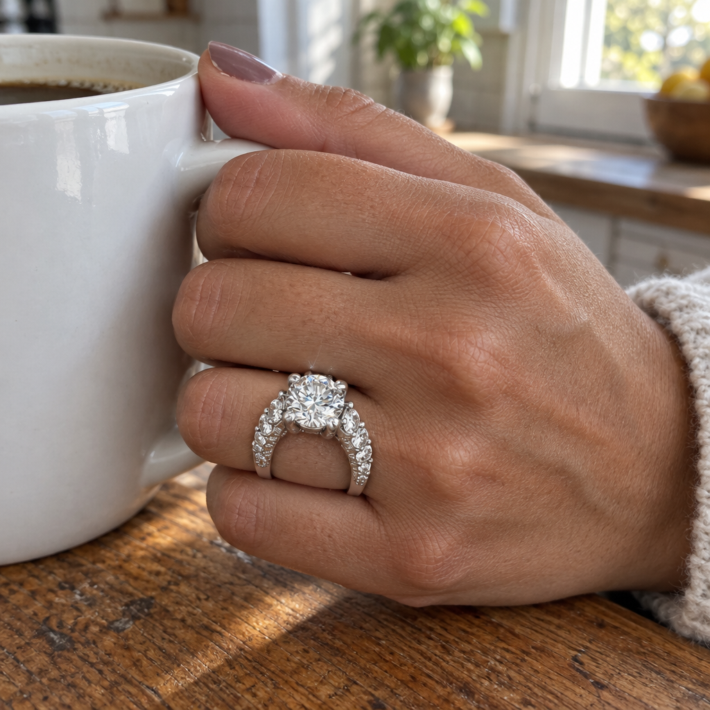 3.75 Carat Round Cut Lab Grown Diamond Engagement Ring in 14K White Gold worn on hand - Future Jewelry