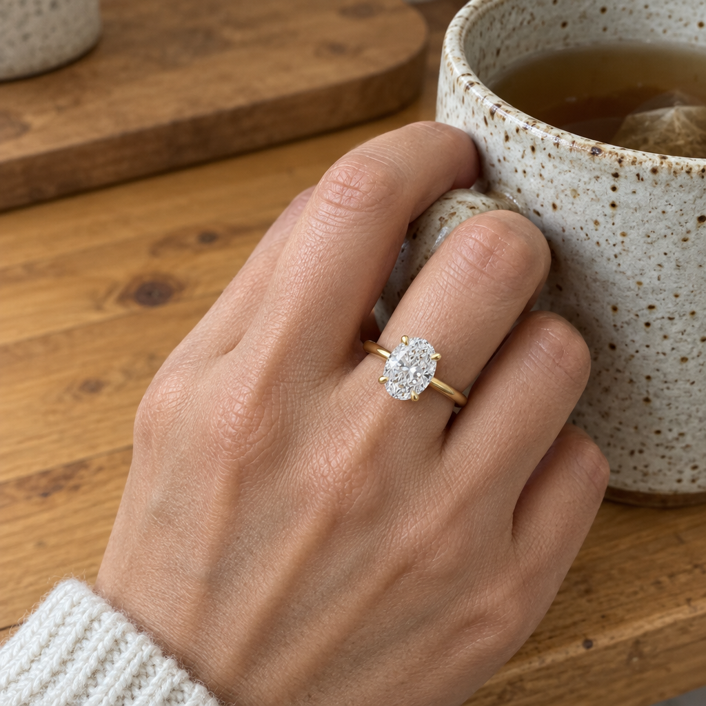 3 Carat Oval Lab Grown Diamond Engagement Ring worn on hand in 14K Yellow Gold - Future Jewelry