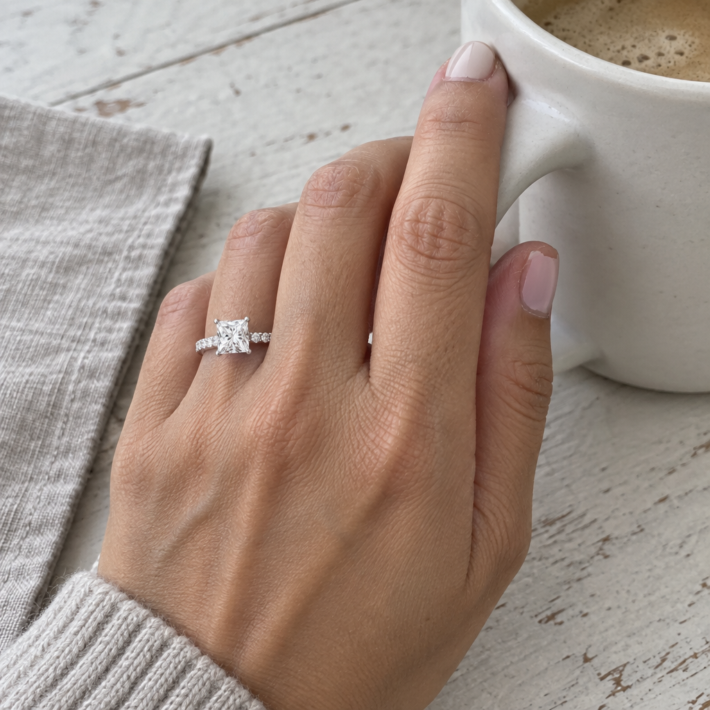 3 Carat Princess Cut Lab Grown Diamond Hidden Halo Engagement Ring in 14K White Gold worn on hand - Future Jewelry