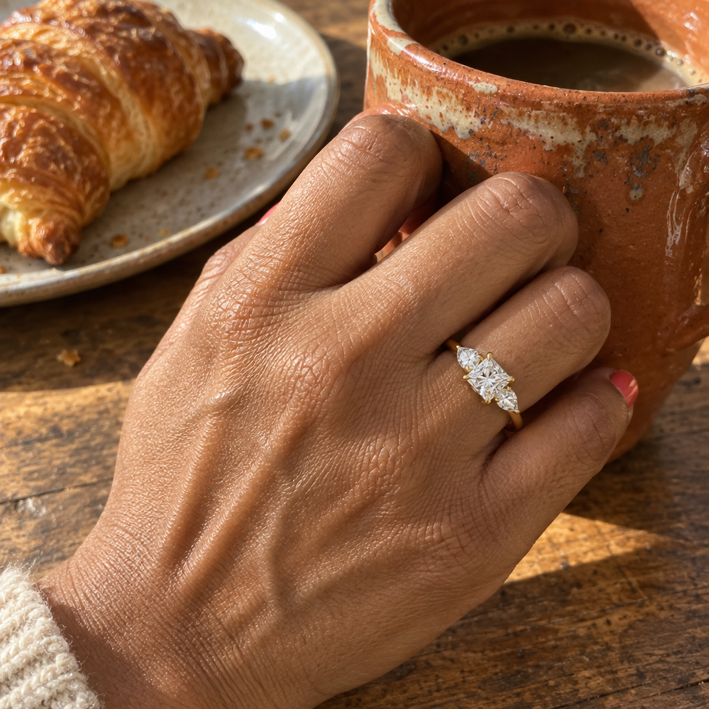 3 Carat Princess Cut Lab Grown Diamond Three Stone Engagement Ring in 14K Yellow Gold worn on hand - Future Jewelry