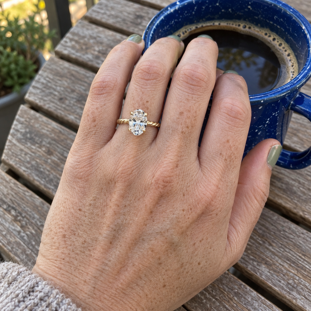 3 Carat Oval Lab Grown Diamond Engagement Ring in 14K Yellow Gold worn on hand - Future Jewelry